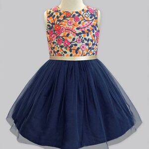 Girls ATUN Navy‎ & Gold Kashmir Garden Sleeveless Tulle-Overlay Dress 7-8 Years